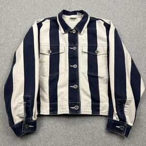 VTG First‎ Issue Denim Jacket Women's Large Navy White Striped Cotton Button Up